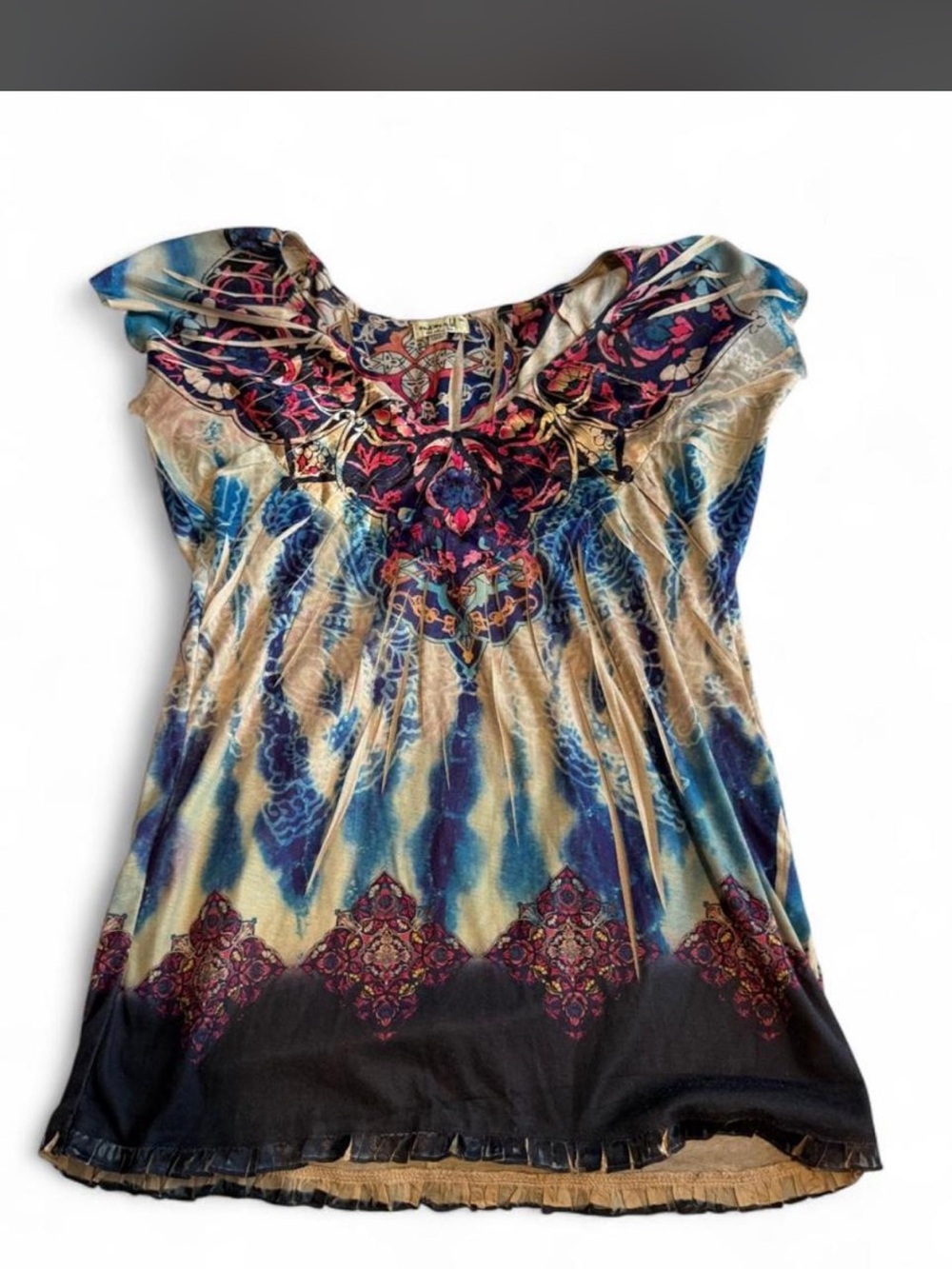 ONE WORLD Short Sleeve Boho Top in Blue and Cream with Pink Accent - Picture 1 of 5